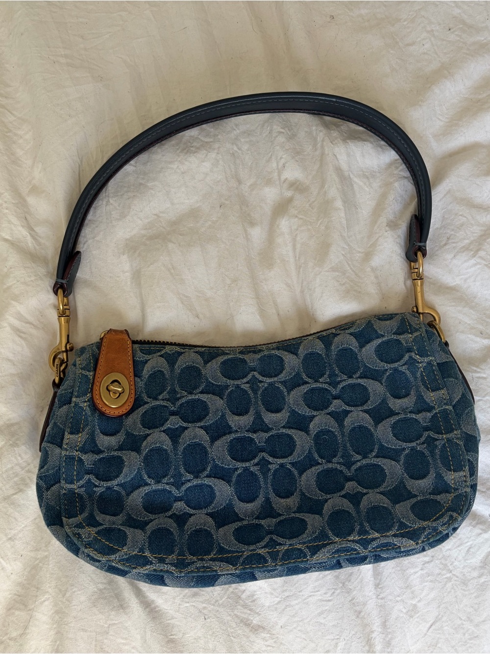 Coach Denim Jacquard Shoulder Bag with Leather Trim - Blue
